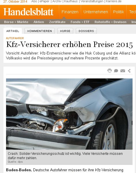 KFZ Versicherer erhöhen Preise 2015 - Handelsblatt
