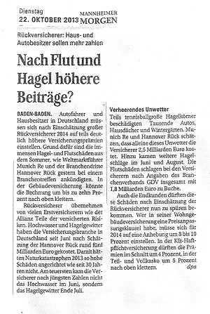 Selle Versicherungen Mannheim, Presse: Nach Flut und Hage höhere Versicherungen?